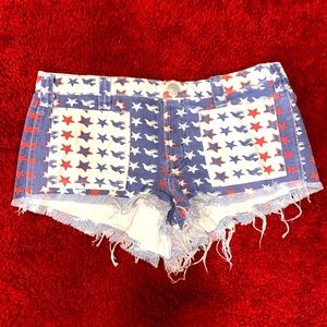 Free People Printed Denim Shorts